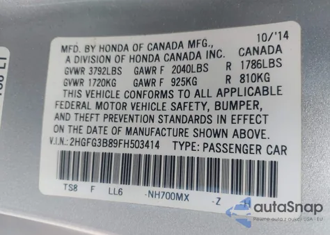 2015 Honda Civic Ex из США, поврежденный, VIN 2HGFG3B89FH503414